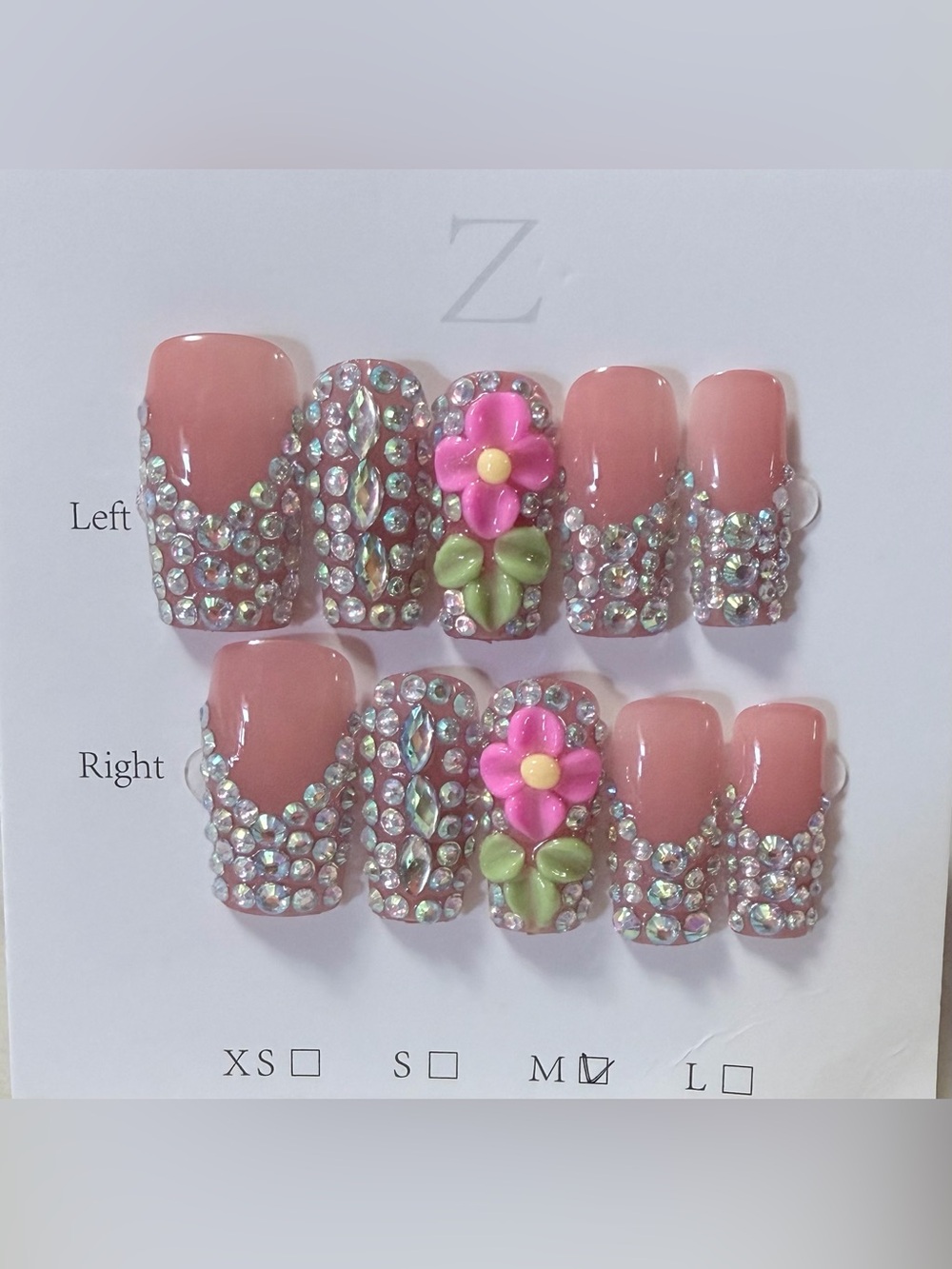 Pink Crystal & Flower Press-On Nail Set